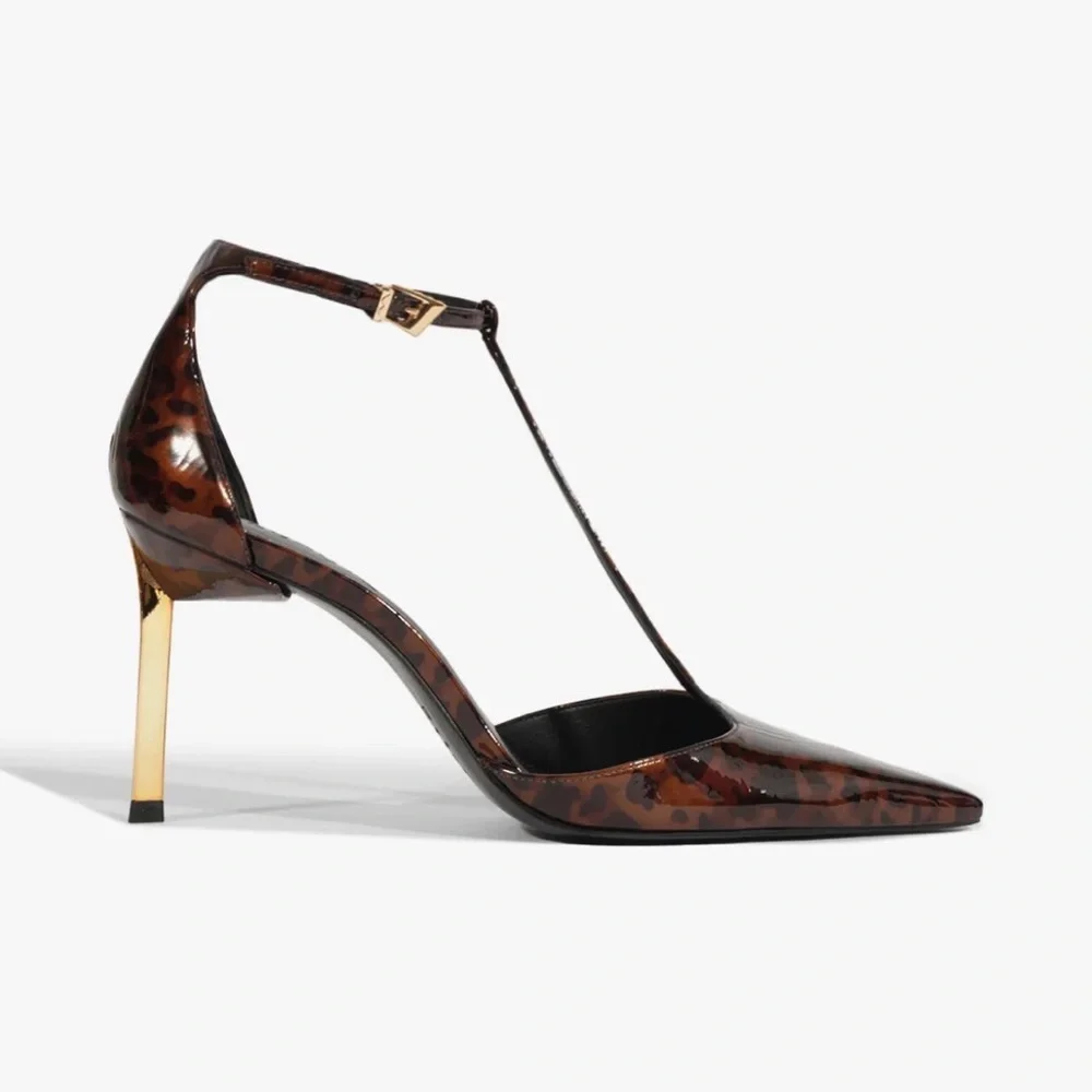 SCHUTZ T-Strap Pointed Toe Heels in Tortoiseshell Brown - Picture 2 of 10